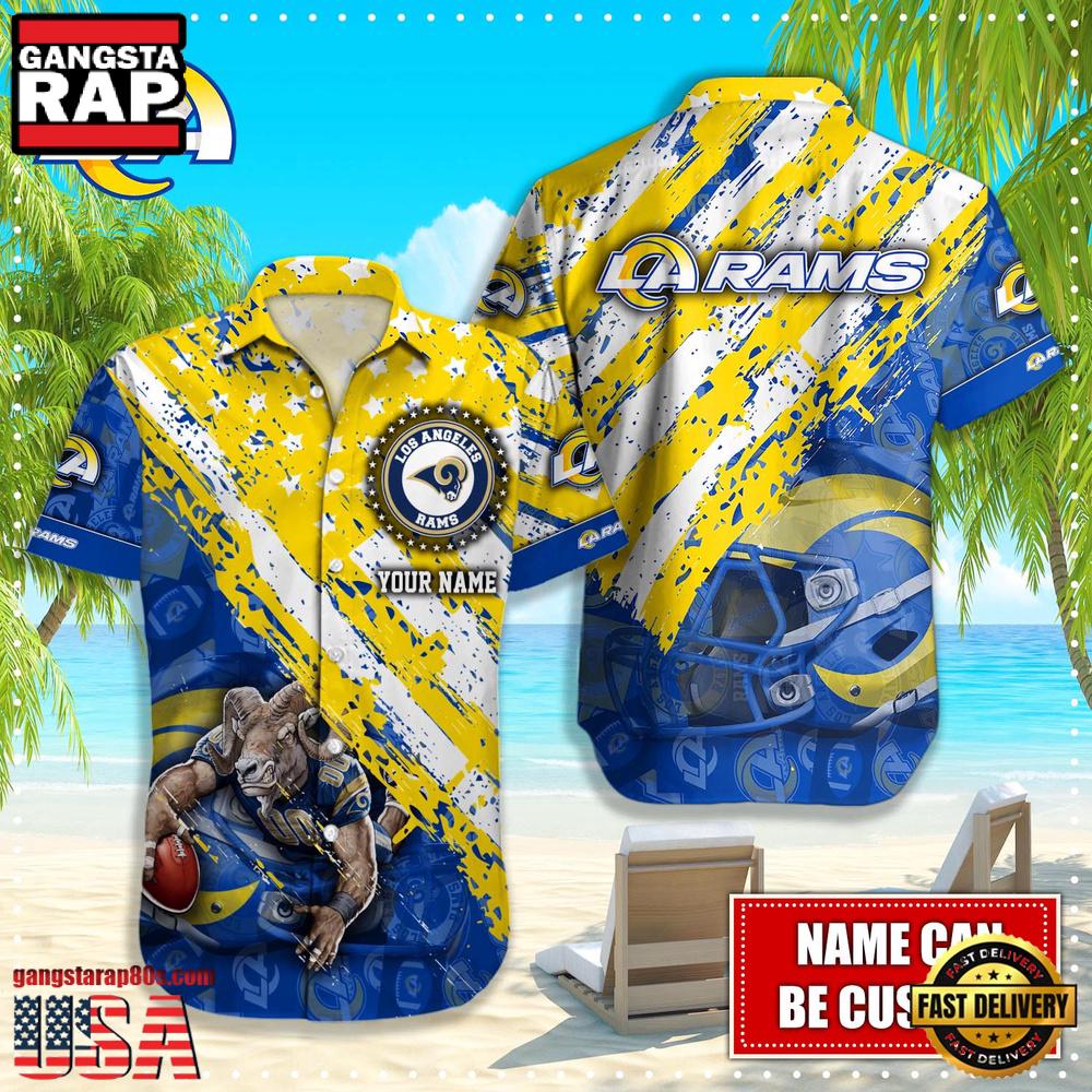 NFL Los Angeles Rams Football American Flag Mascot Custom Name Aloha Hawaiian Shirt