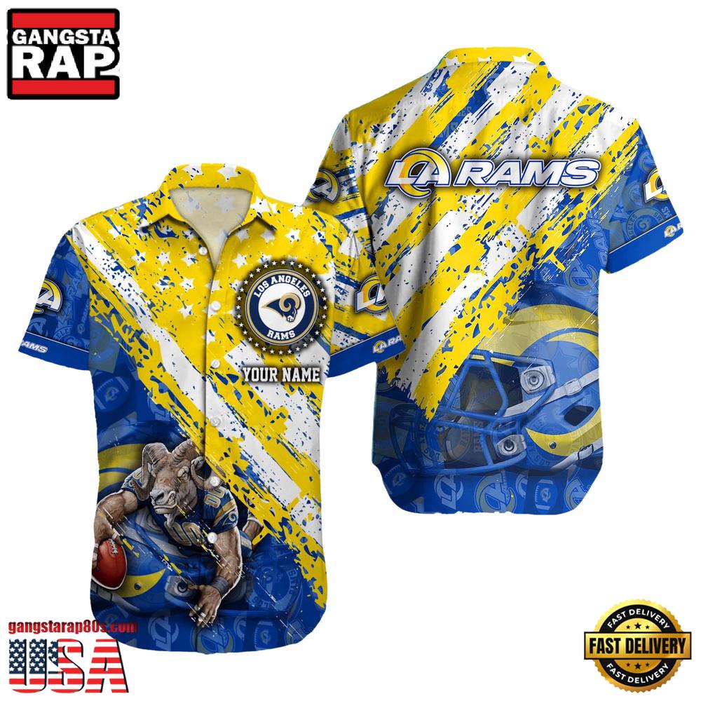 NFL Los Angeles Rams Football American Flag Mascot Custom Name Aloha Hawaiian Shirt