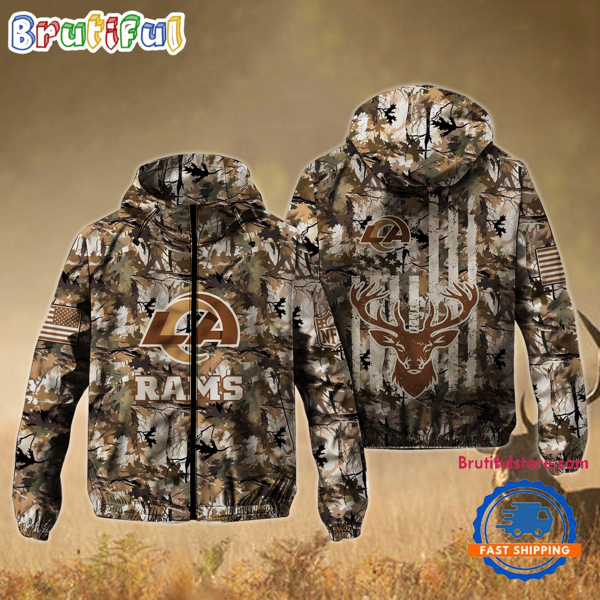 NFL Los Angeles Rams Football Camo Hunting Deer Windbreaker Outdoor Jacket