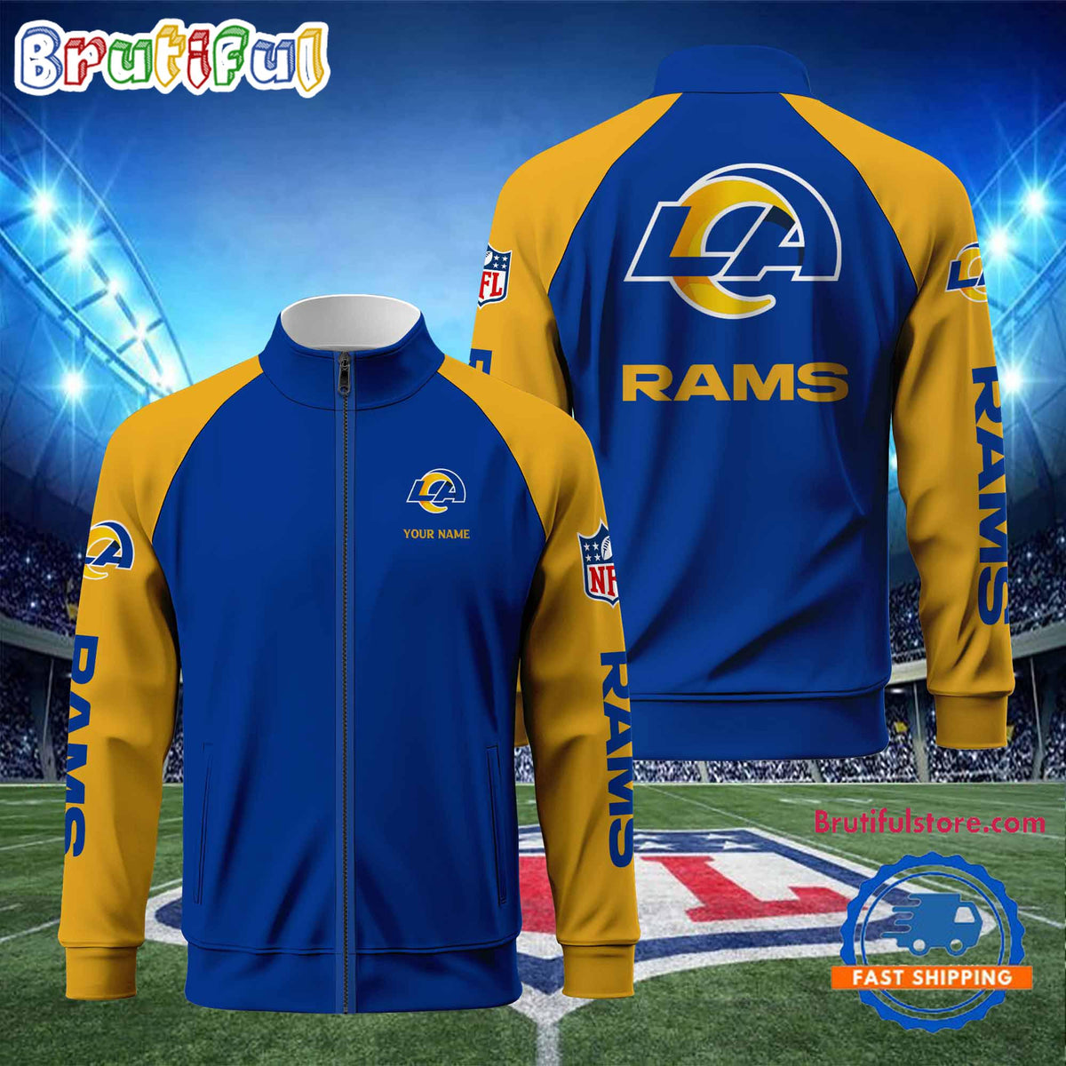 NFL Los Angeles Rams Football Team Custom Name Standing Neck Zipper Jacket