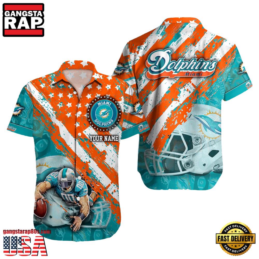 NFL Miami Dolphins Football American Flag Mascot Custom Name Aloha Hawaiian Shirt