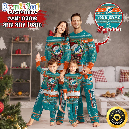 NFL Miami Dolphins Pajamas Christmas For Family Custom Name Pajamas
