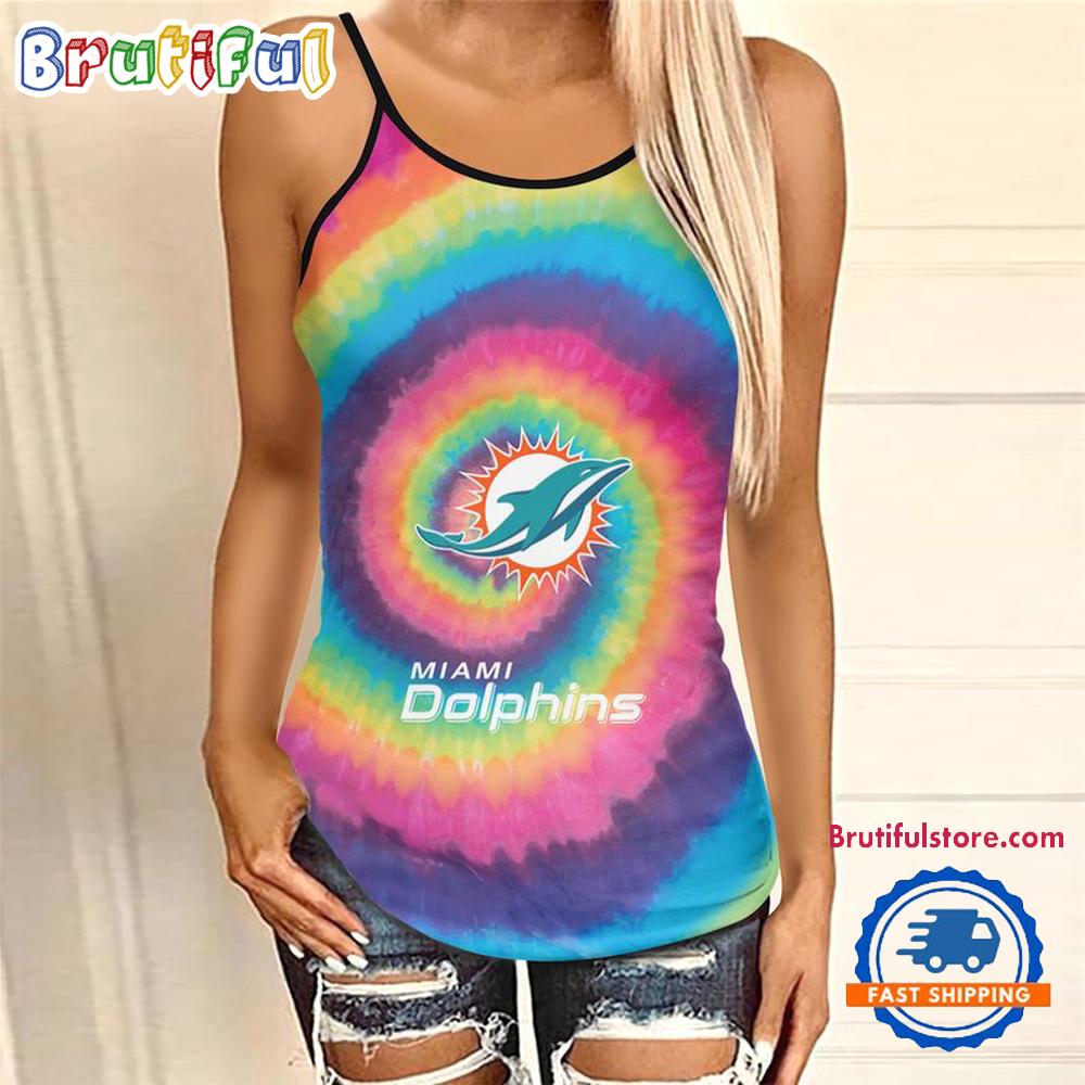 NFL Miami Dolphins Rainbow Pattern Summer Women’s Criss Cross Tank Top