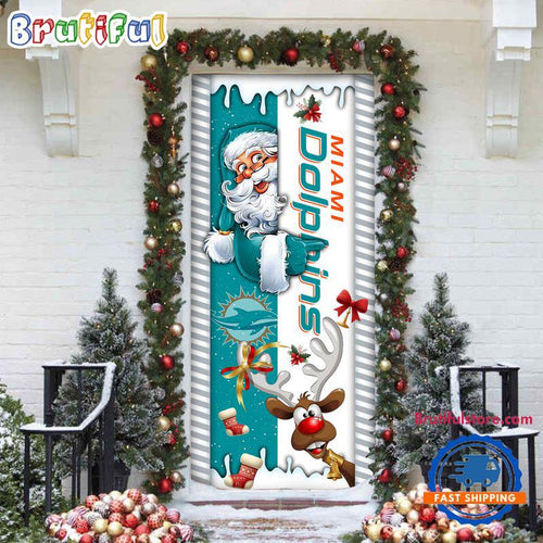 NFL Miami Dolphins Santa Reindeer Merry Christmas Door Cover, Football Christmas Home Decor