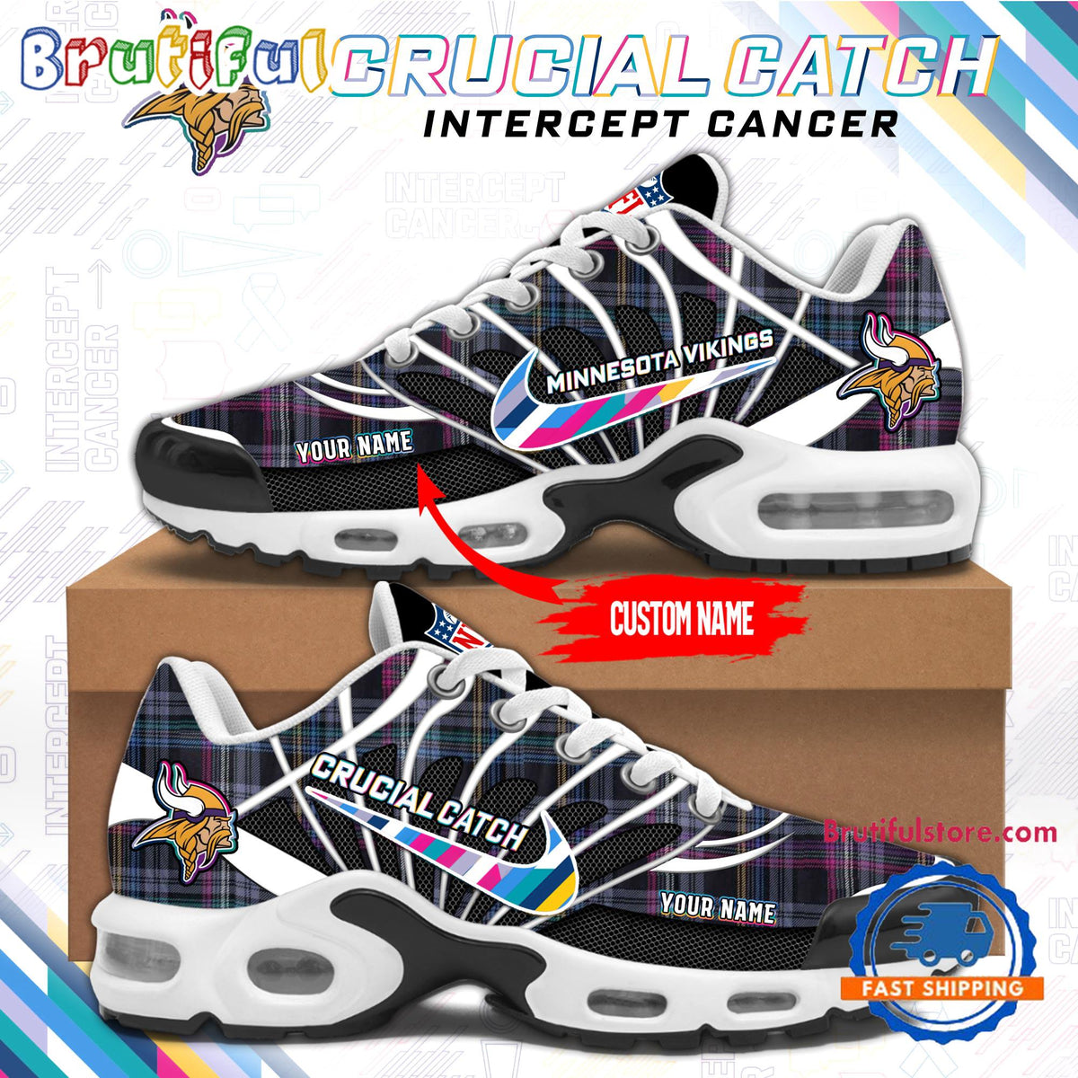 NFL Minnesota Vikings Crucial Catch Intercept Cancer Air Max Plus Shoes Sneaker