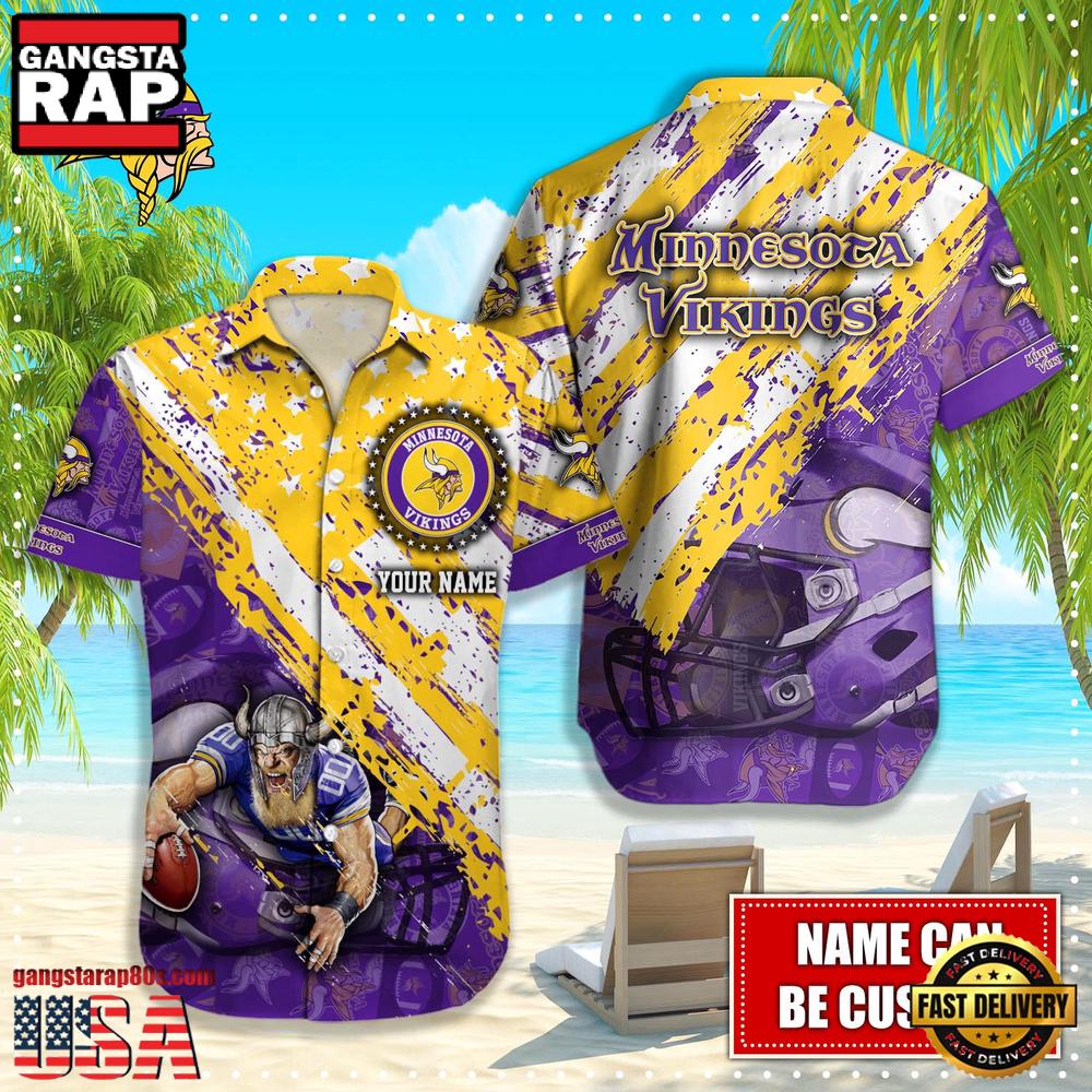 NFL Minnesota Vikings Football American Flag Mascot Custom Name Aloha Hawaiian Shirt