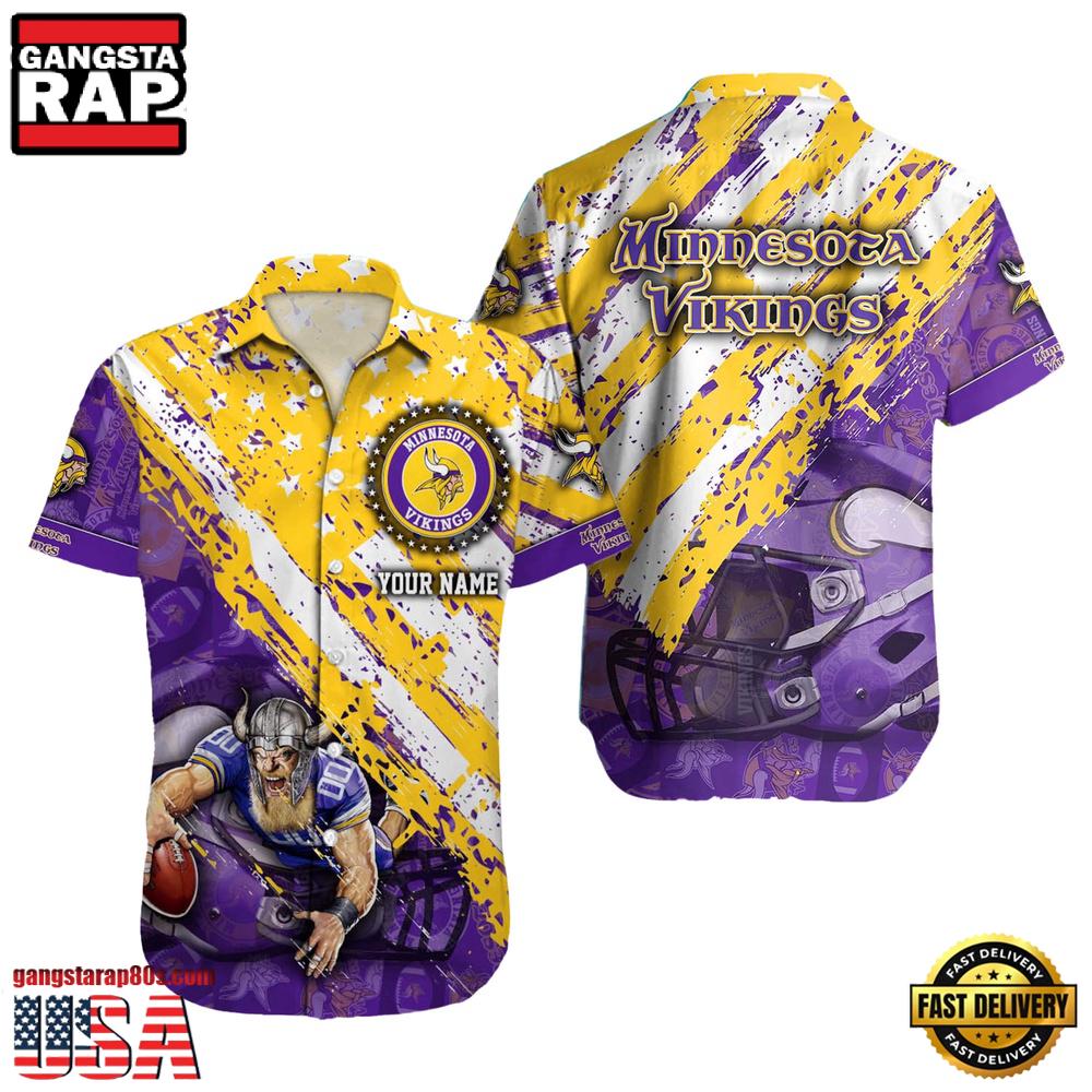 NFL Minnesota Vikings Football American Flag Mascot Custom Name Aloha Hawaiian Shirt