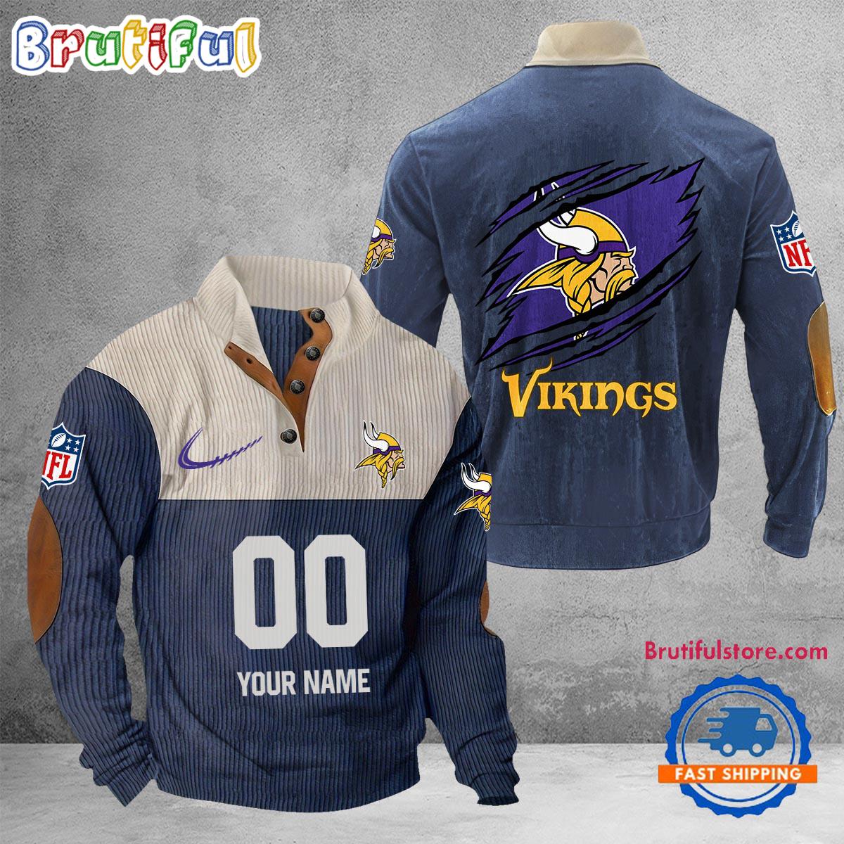 NFL Minnesota Vikings Football Team Custom Name And Number Buttoned Collar Sweatshirt