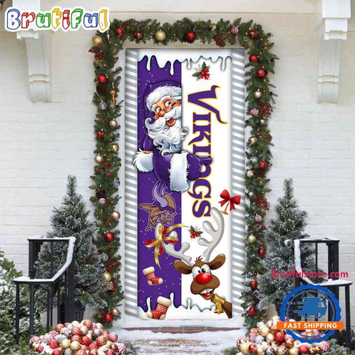 NFL Minnesota Vikings Santa Reindeer Merry Christmas Door Cover, Football Christmas Home Decor