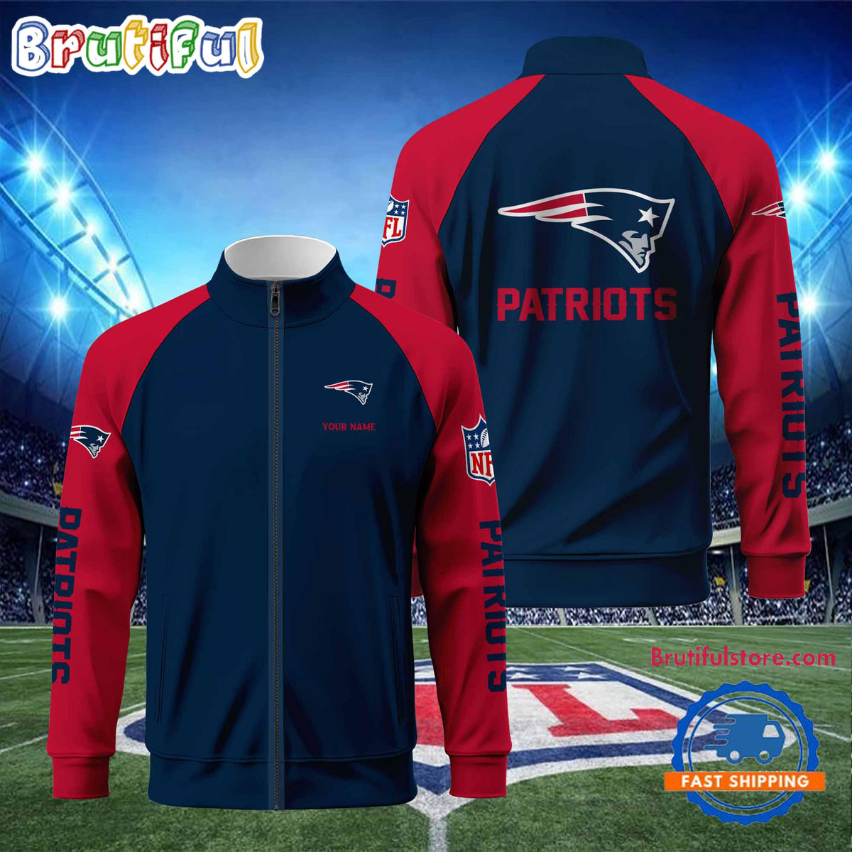 NFL New England Patriots Football Team Custom Name Standing Neck Zipper Jacket