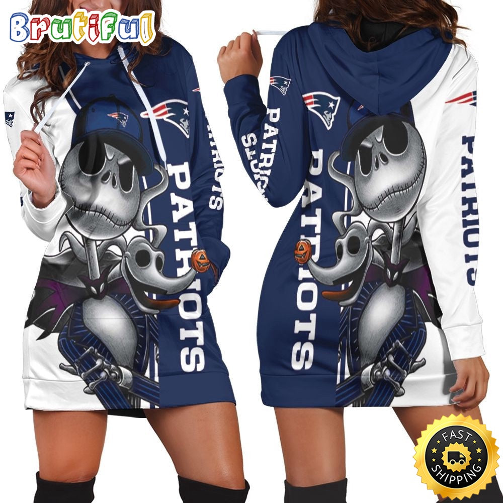 NFL New England Patriots Hoodie Dress Jack Skellington And Zero All Over Print Hoodie Women