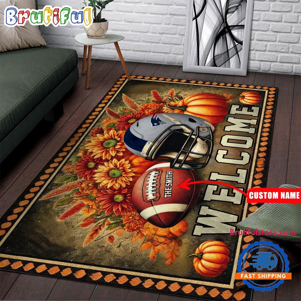 NFL New England Patriots Pumpkin Flower Football Halloween Rectangle Rug
