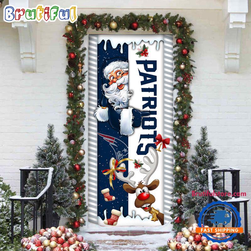 NFL New England Patriots Santa Reindeer Merry Christmas Door Cover, Football Christmas Home Decor