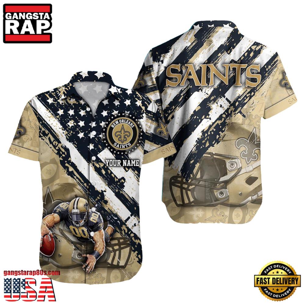NFL New Orleans Saints Football American Flag Mascot Custom Name Aloha Hawaiian Shirt