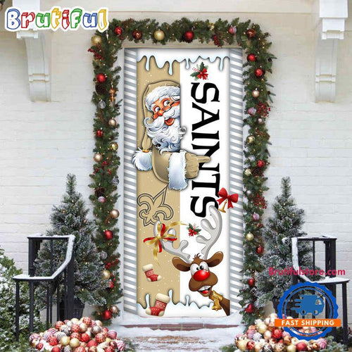 NFL New Orleans Saints Santa Reindeer Merry Christmas Door Cover, Football Christmas Home Decor