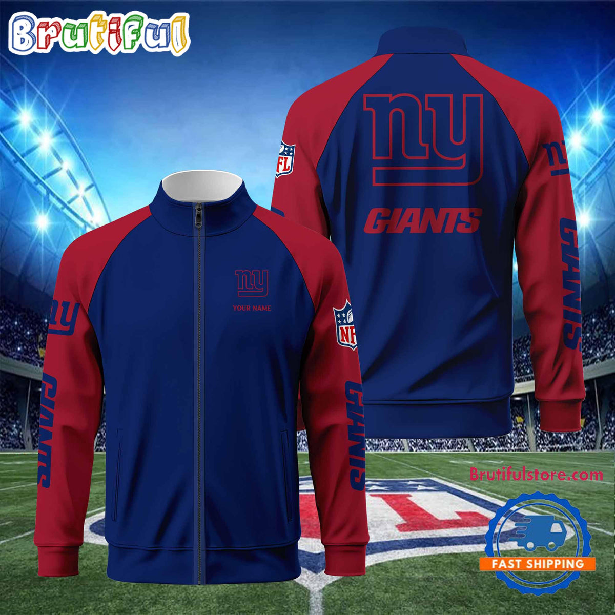 NFL New York Giants Football Team Custom Name Standing Neck Zipper Jacket
