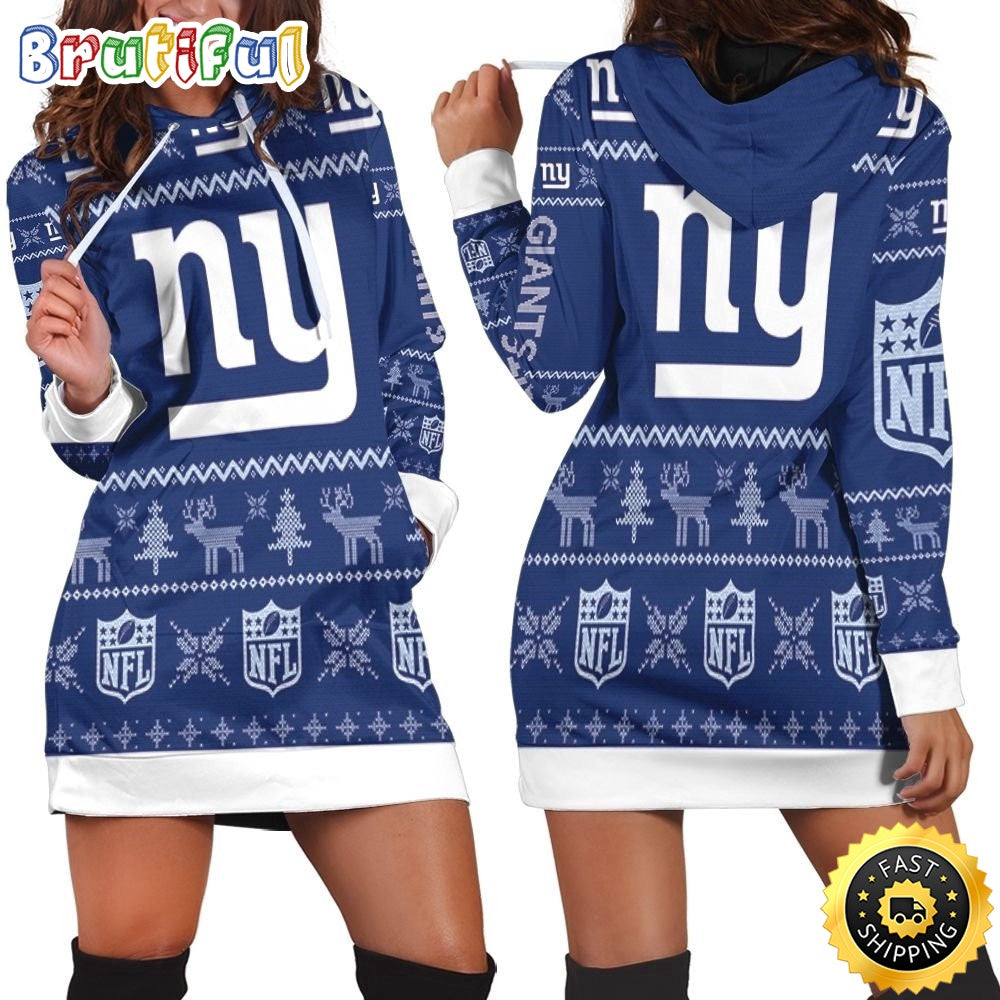 NFL New York Giants Hoodie Dress Christmas Print Hoodie Dress For Women