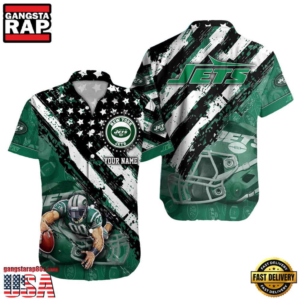 NFL New York Jets Football American Flag Mascot Custom Name Aloha Hawaiian Shirt