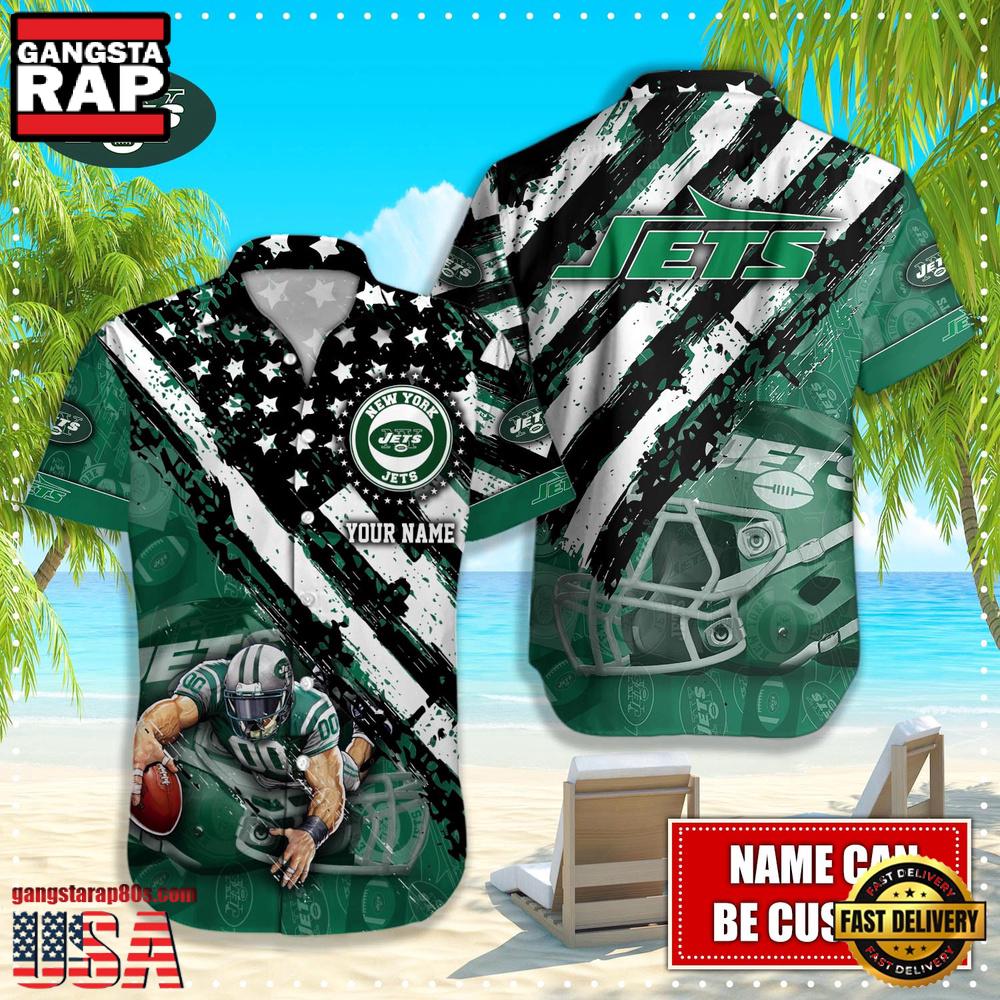 NFL New York Jets Football American Flag Mascot Custom Name Aloha Hawaiian Shirt