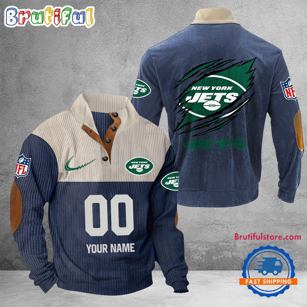NFL New York Jets Football Team Custom Name And Number Buttoned Collar Sweatshirt