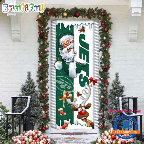 NFL New York Jets Santa Reindeer Merry Christmas Door Cover, Football Christmas Home Decor