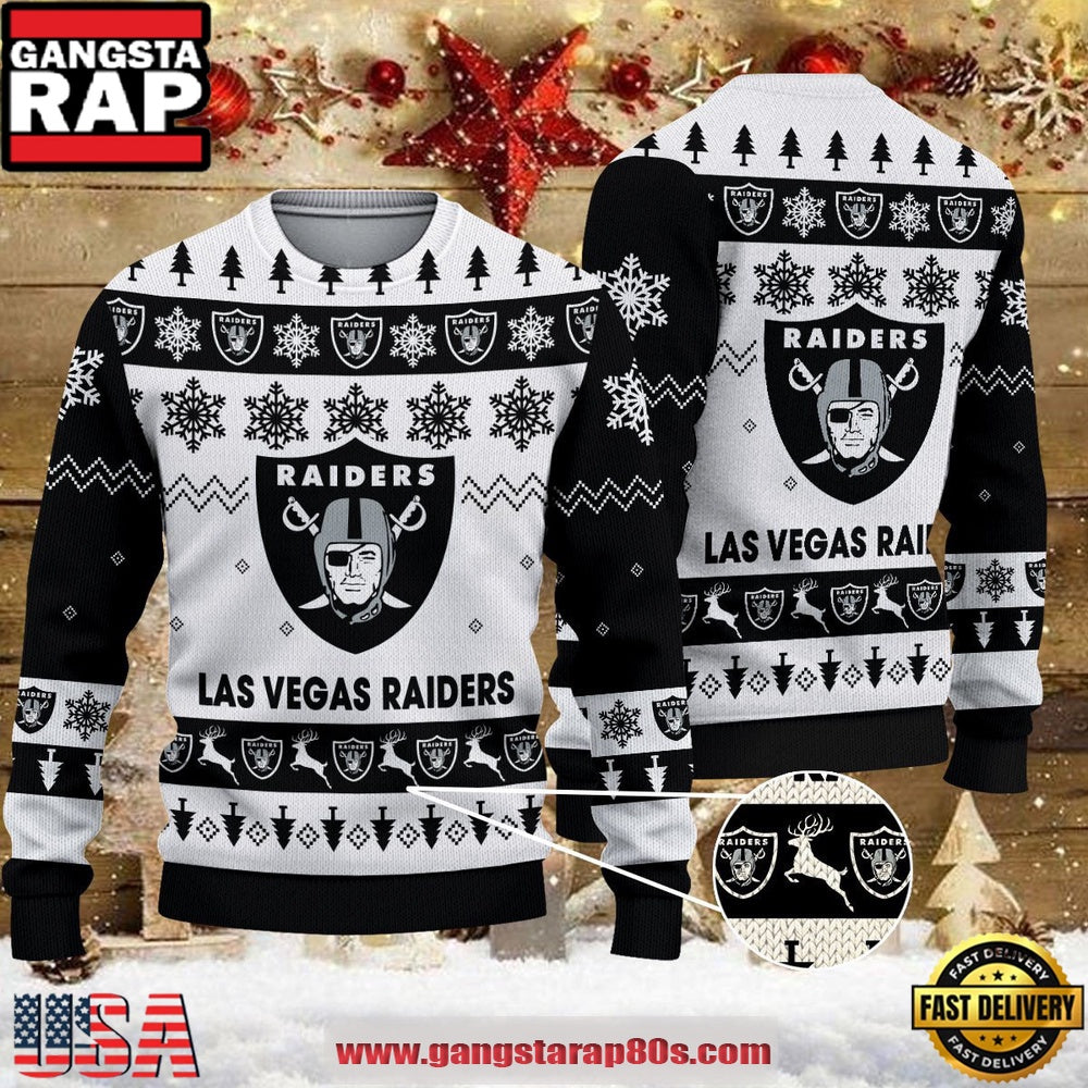 NFL Las Vegas Raiders 2025 Reindeer Christmas Tree Ugly Xmas Sweater