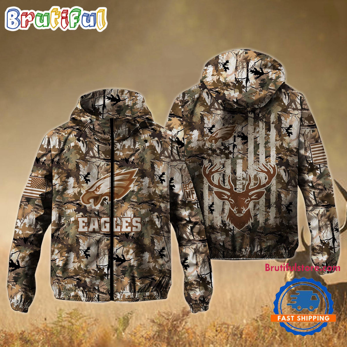 NFL Philadelphia Eagles Football Camo Hunting Deer Windbreaker Outdoor Jacket