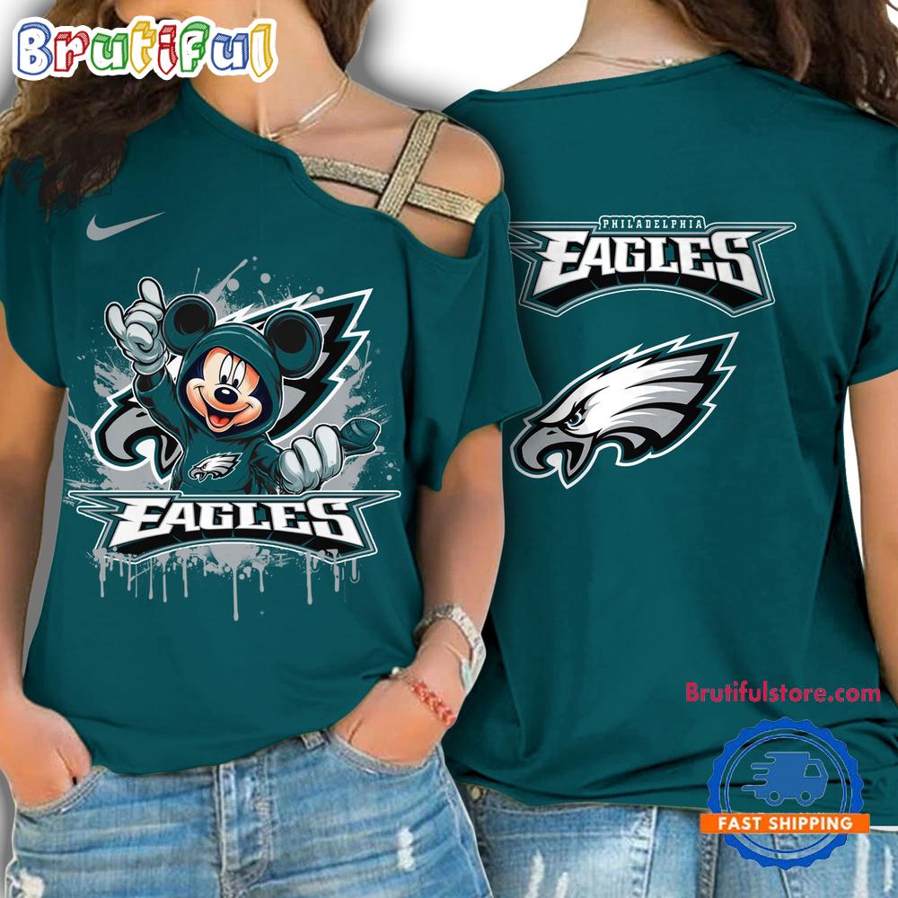 NFL Philadelphia Eagles Mickey Mouse Women’s Cross Strap Shoulder Shirt, Football One Shoulder Shirt