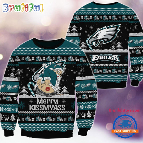 Philadelphia Eagles NFL 2024 Merrykissmyass Funny Santa Claus Christmas Ugly Sweater