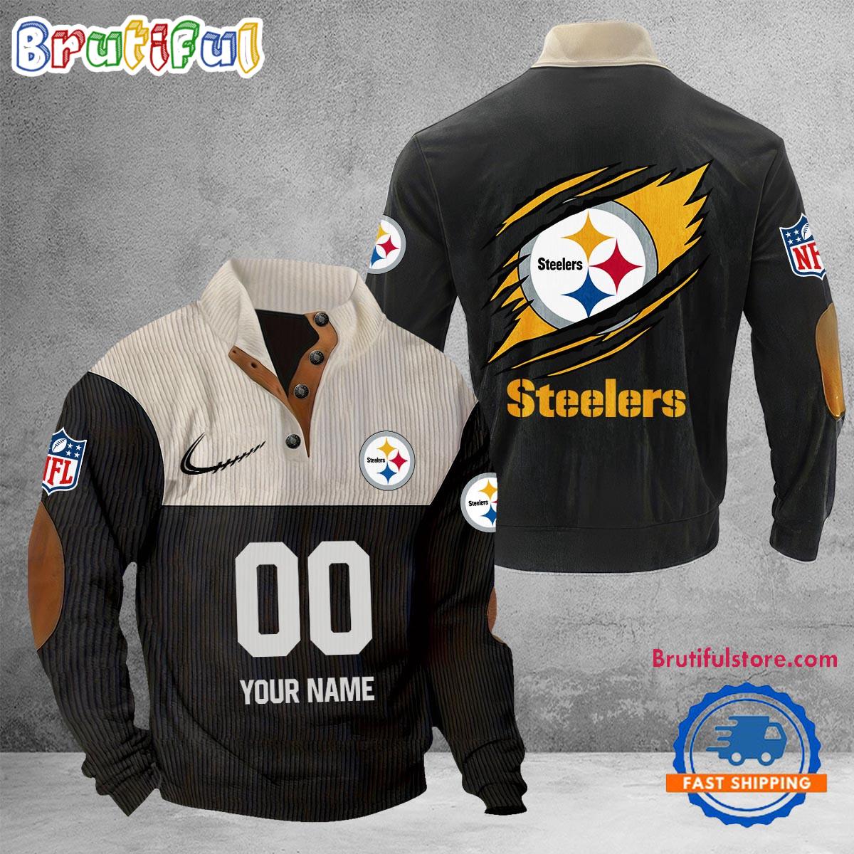 NFL Pittsburgh Steelers Football Team Custom Name And Number Buttoned Collar Sweatshirt