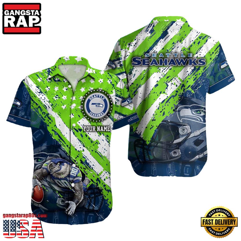 NFL Seattle Seahawks Football American Flag Mascot Custom Name Aloha Hawaiian Shirt