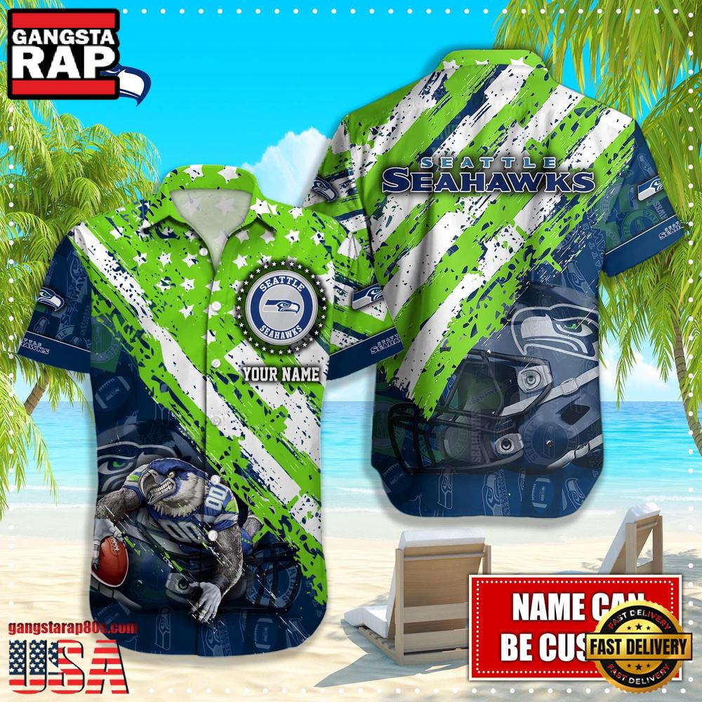 NFL Seattle Seahawks Football American Flag Mascot Custom Name Aloha Hawaiian Shirt