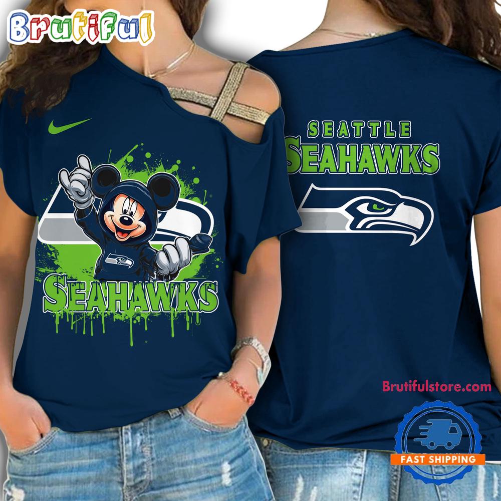 NFL Seattle Seahawks Mickey Mouse Women’s Cross Strap Shoulder Shirt, Football One Shoulder Shirt