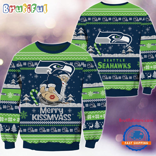 Seattle Seahawks NFL 2024 Merrykissmyass Funny Santa Claus Christmas Ugly Sweater