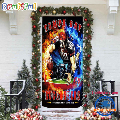 NFL Tampa Bay Buccanee Mascot Football Christmas Door Cover, Football Xmas Door Cover