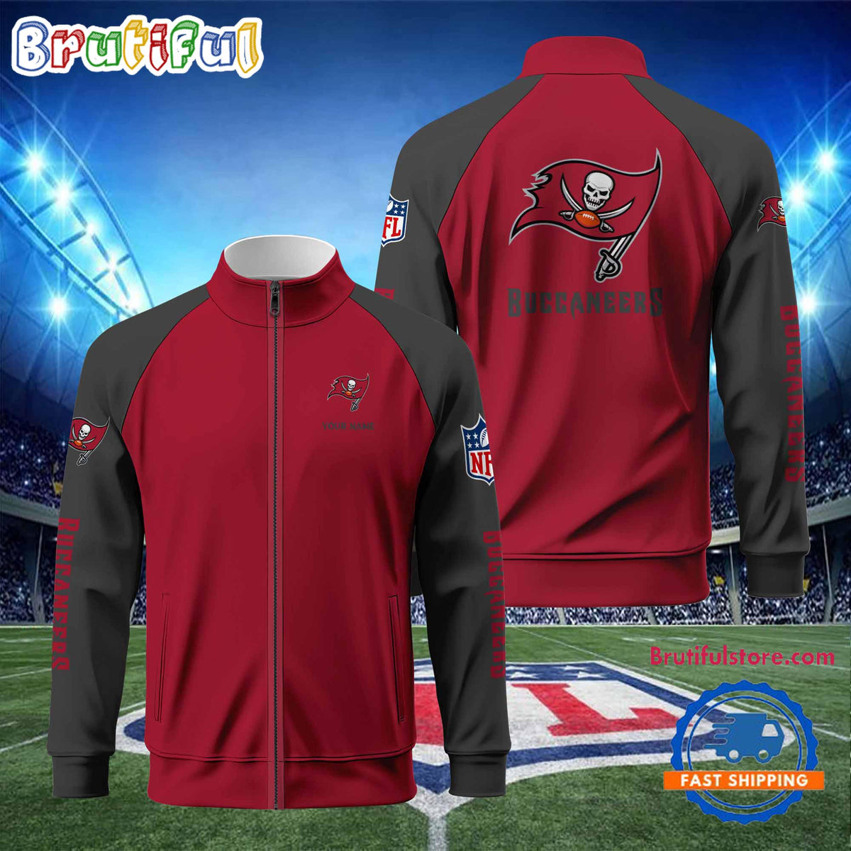 NFL Tampa Bay Buccaneers Football Team Custom Name Standing Neck Zipper Jacket