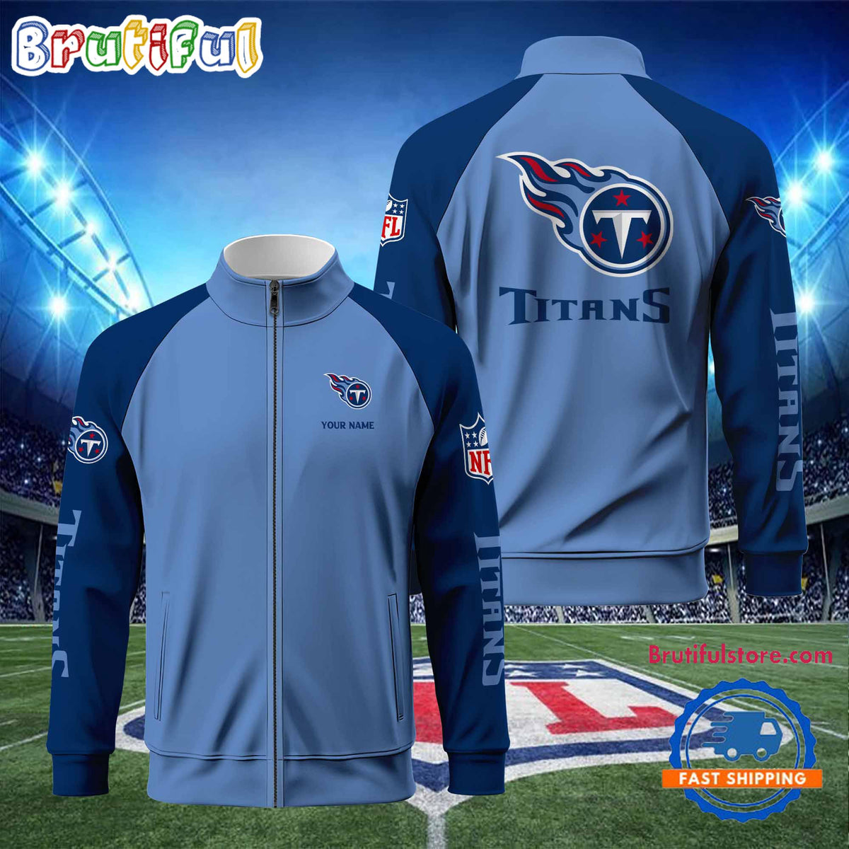 NFL Tennessee Titans Football Team Custom Name Standing Neck Zipper Jacket