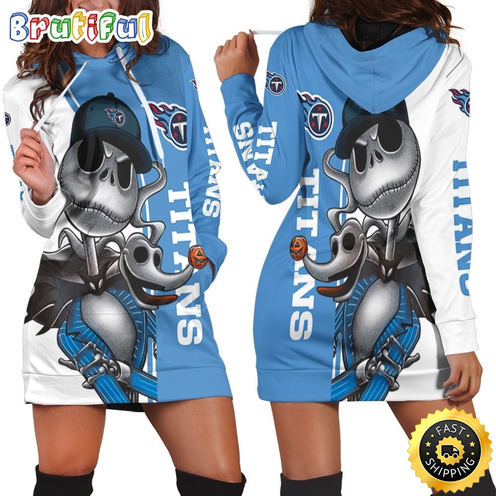 NFL Tennessee Titans Hoodie Dress Jack Skellington And Zero All Over Print Hoodie Women