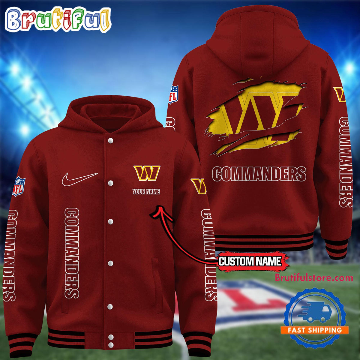 NFL Washington Commanders Football New Season Design Hooded Baseball Jacket, Custom Name Sport Jacket