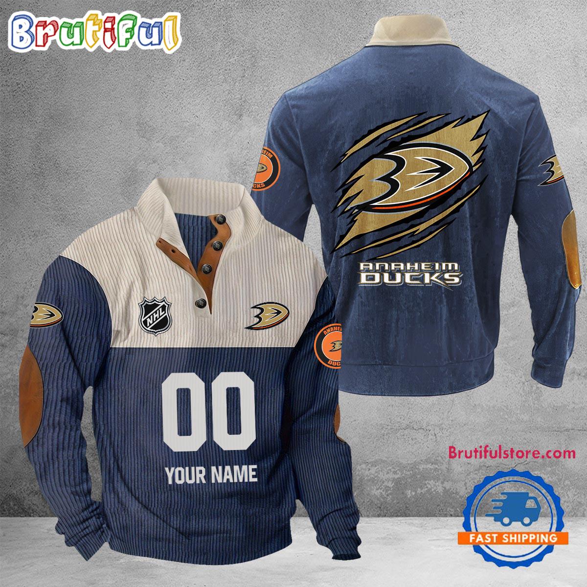 NHL Anaheim Ducks Hockey Team Custom Name And Number Buttoned Collar Sweatshirt