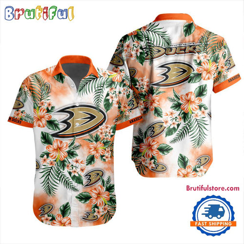 NHL Anaheim Ducks Hockey Tropical Flower Hawaiian Design Button Shirt