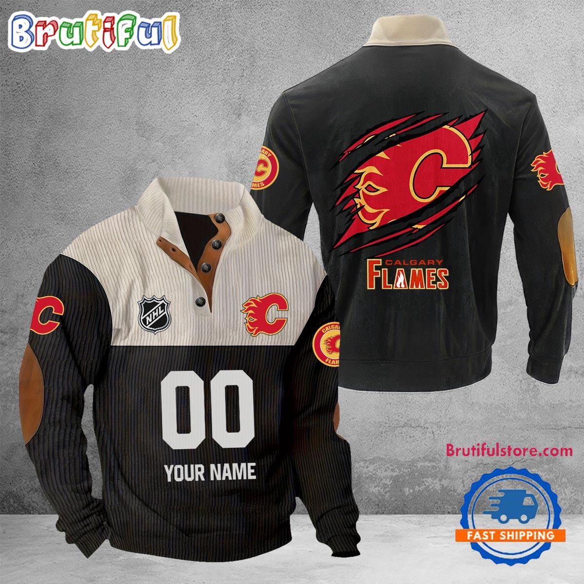 NHL Calgary Flames Hockey Team Custom Name And Number Buttoned Collar Sweatshirt