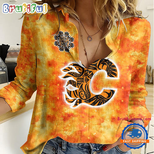 NHL Calgary Flames Hockey Team Orange Design Women’s Casual Shirt