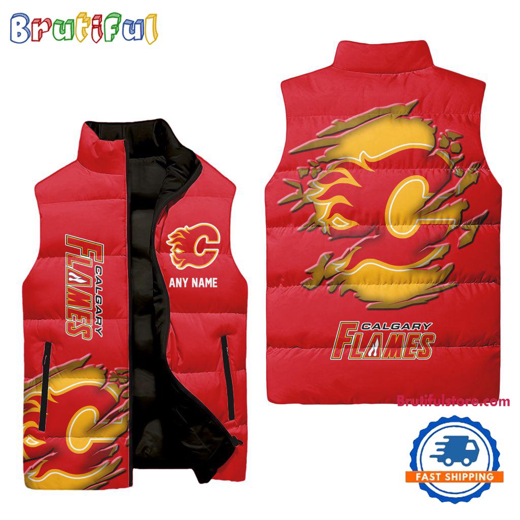NHL Calgary Flames Personalized Hockey Logo Team Sleeveless Puffer Jacket