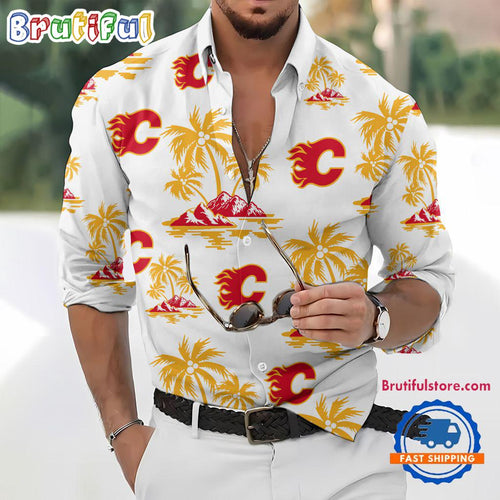 NHL Calgary Flames Special Hockey Long Sleeve Hawaiian Design Button Shirt