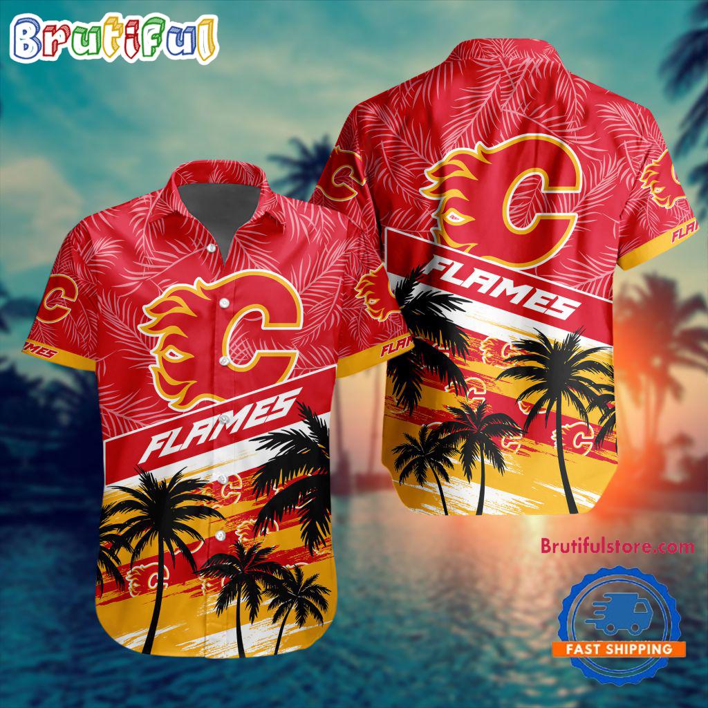 NHL Calgary Flames Special Palm Tree Hawaiian Button Shirt