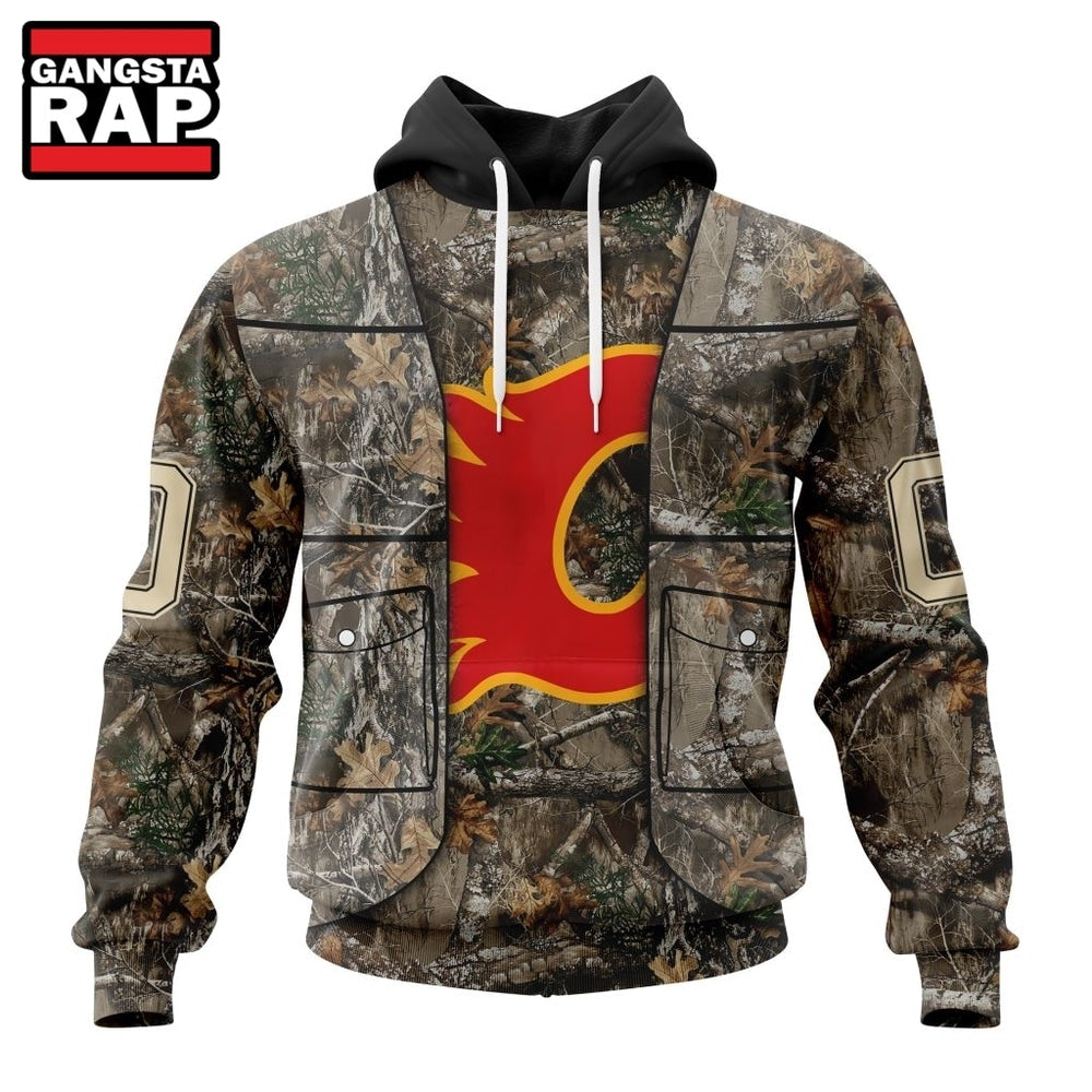 NHL Calgary Flames Specialized Unisex Vest Kits With Realtree Camo Hoodie, T Shirt