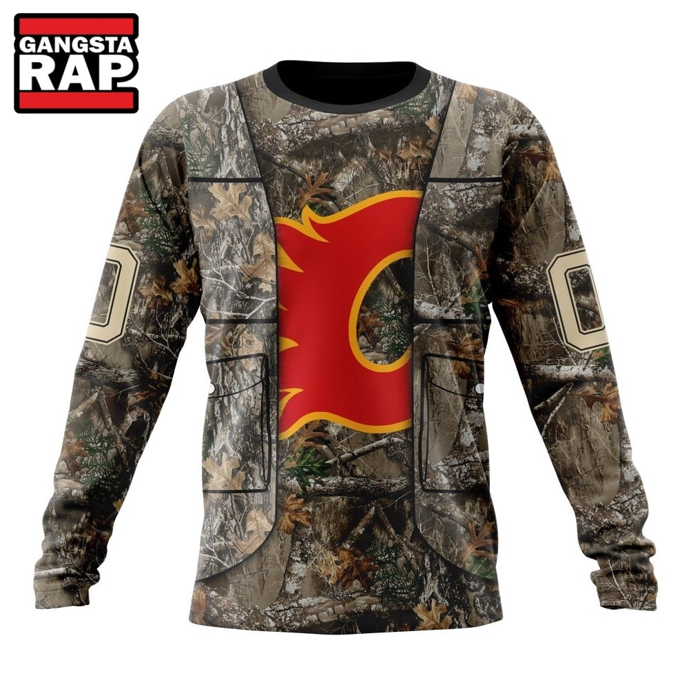 NHL Calgary Flames Specialized Unisex Vest Kits With Realtree Camo Hoodie, T Shirt
