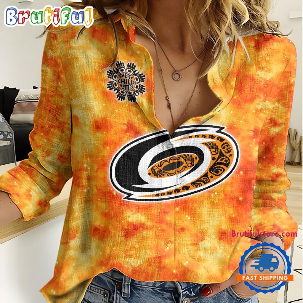 NHL Carolina Hurricanes Hockey Team Orange Design Women’s Casual Shirt