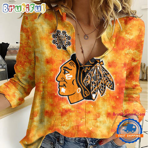 NHL Chicago Blackhawks Hockey Team Orange Design Women’s Casual Shirt
